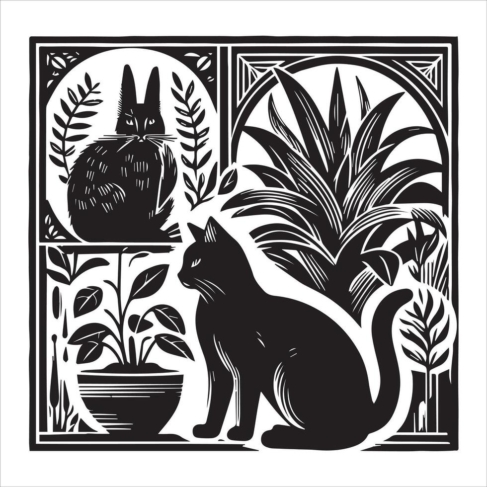 Print A collage of a cat a plant in an illustrated frame risograph silhouette white background vector
