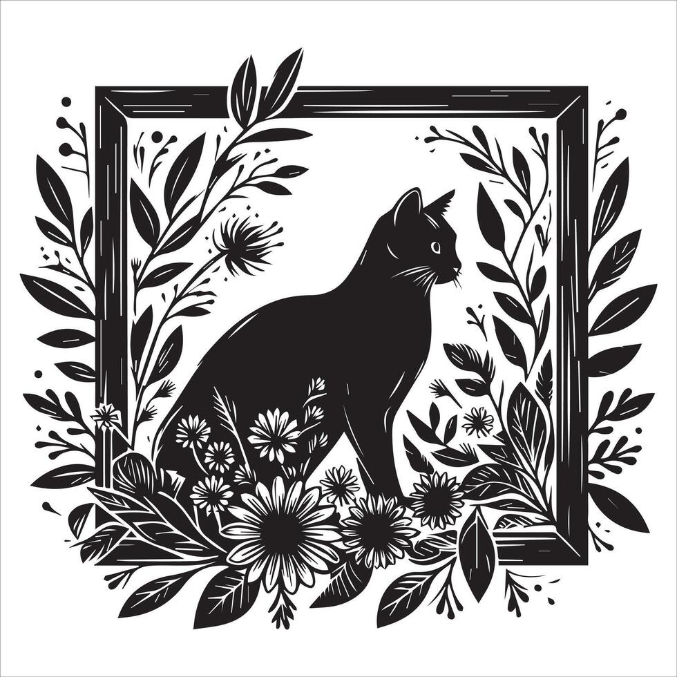 Print A collage of a cat a plant in an illustrated frame risograph silhouette white background vector