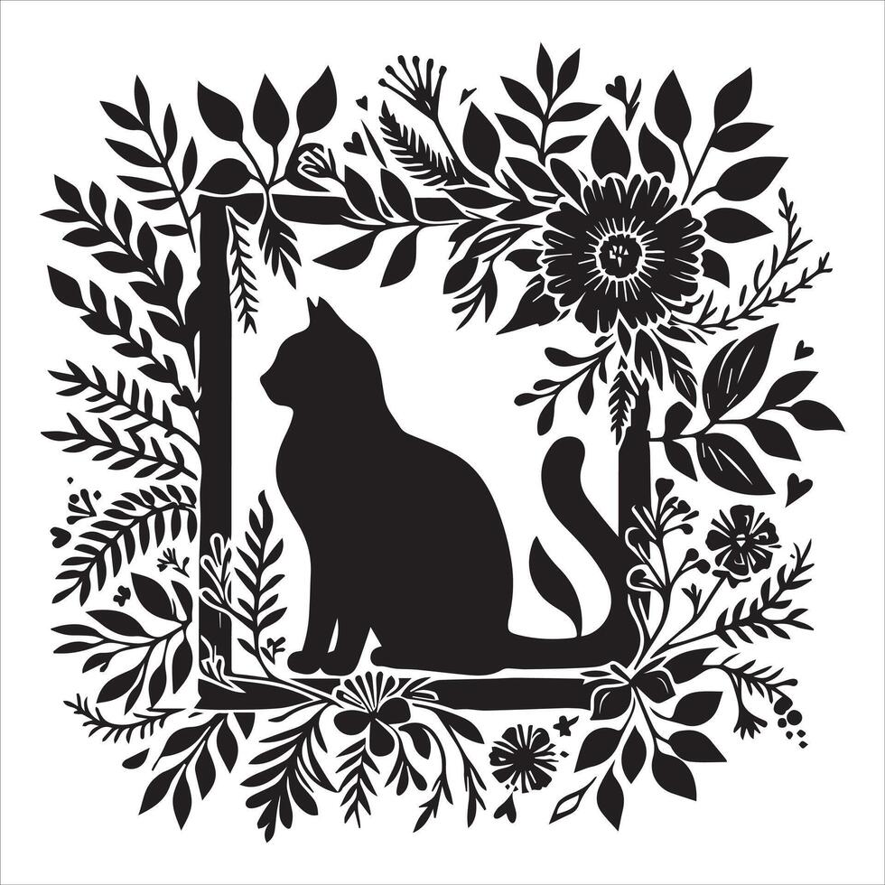 Print A collage of a cat a plant in an illustrated frame risograph silhouette white background vector