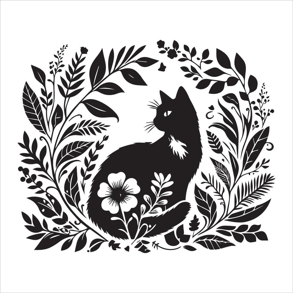 Print A collage of a cat a plant in an illustrated frame risograph silhouette white background vector