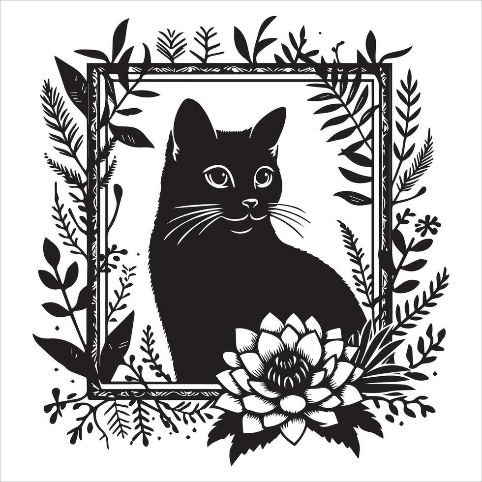 Print A collage of a cat a plant in an illustrated frame risograph silhouette white background vector
