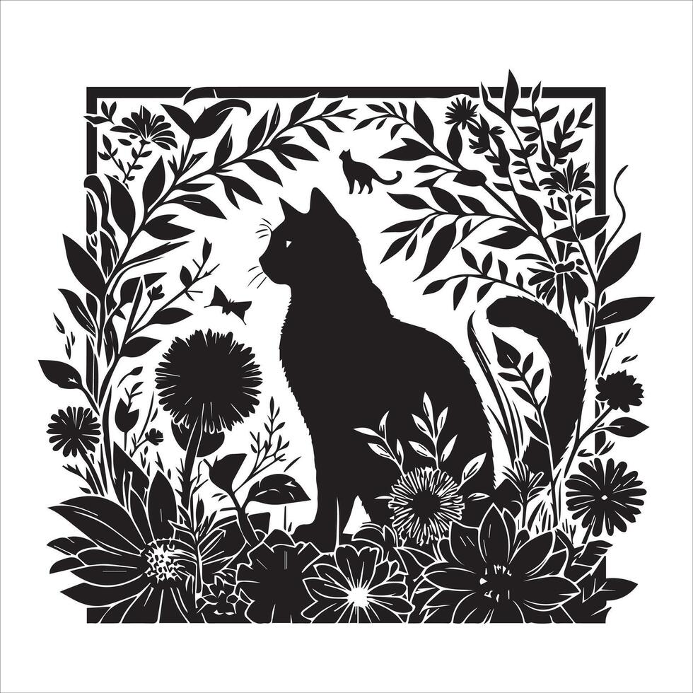 Print A collage of a cat a plant in an illustrated frame risograph silhouette white background vector