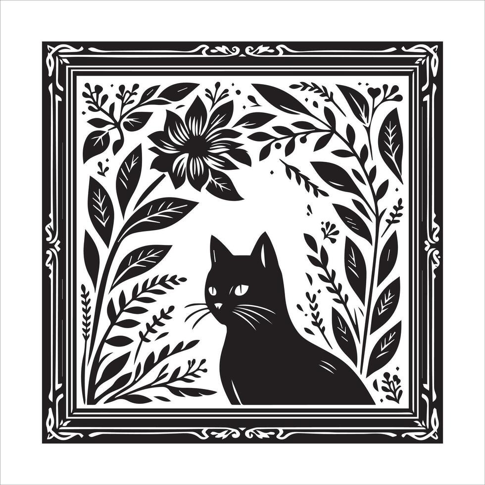 Print A collage of a cat a plant in an illustrated frame risograph silhouette white background vector