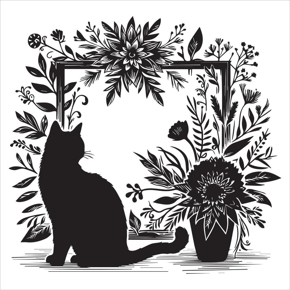 Print A collage of a cat a plant in an illustrated frame risograph silhouette white background vector