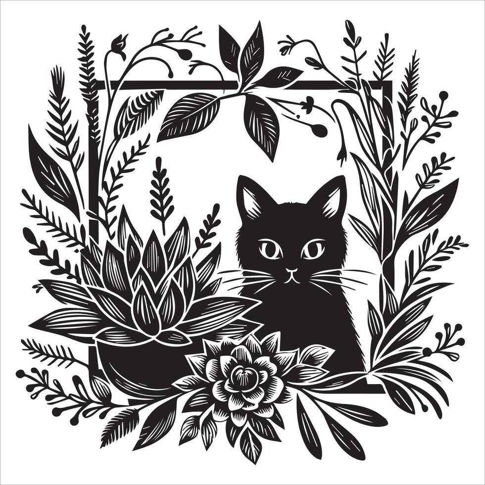 Print A collage of a cat a plant in an illustrated frame risograph silhouette white background vector