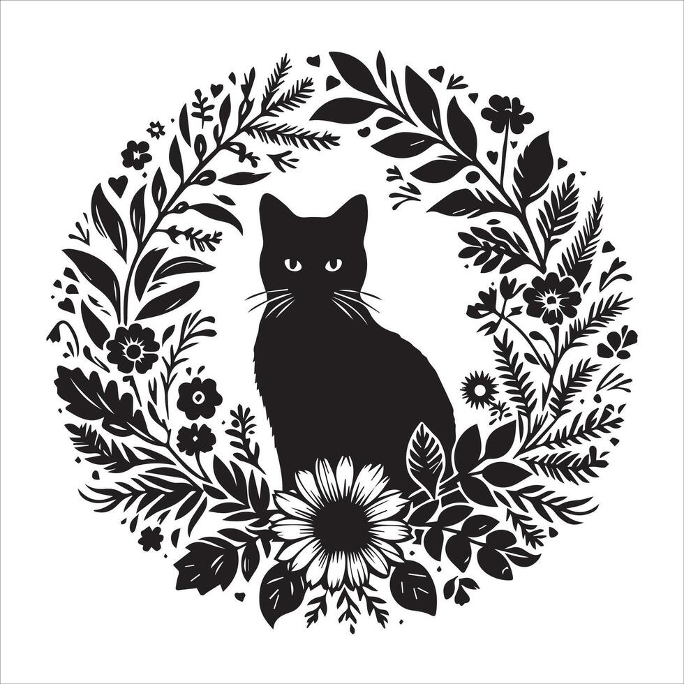 Print A collage of a cat a plant in an illustrated frame risograph silhouette white background vector