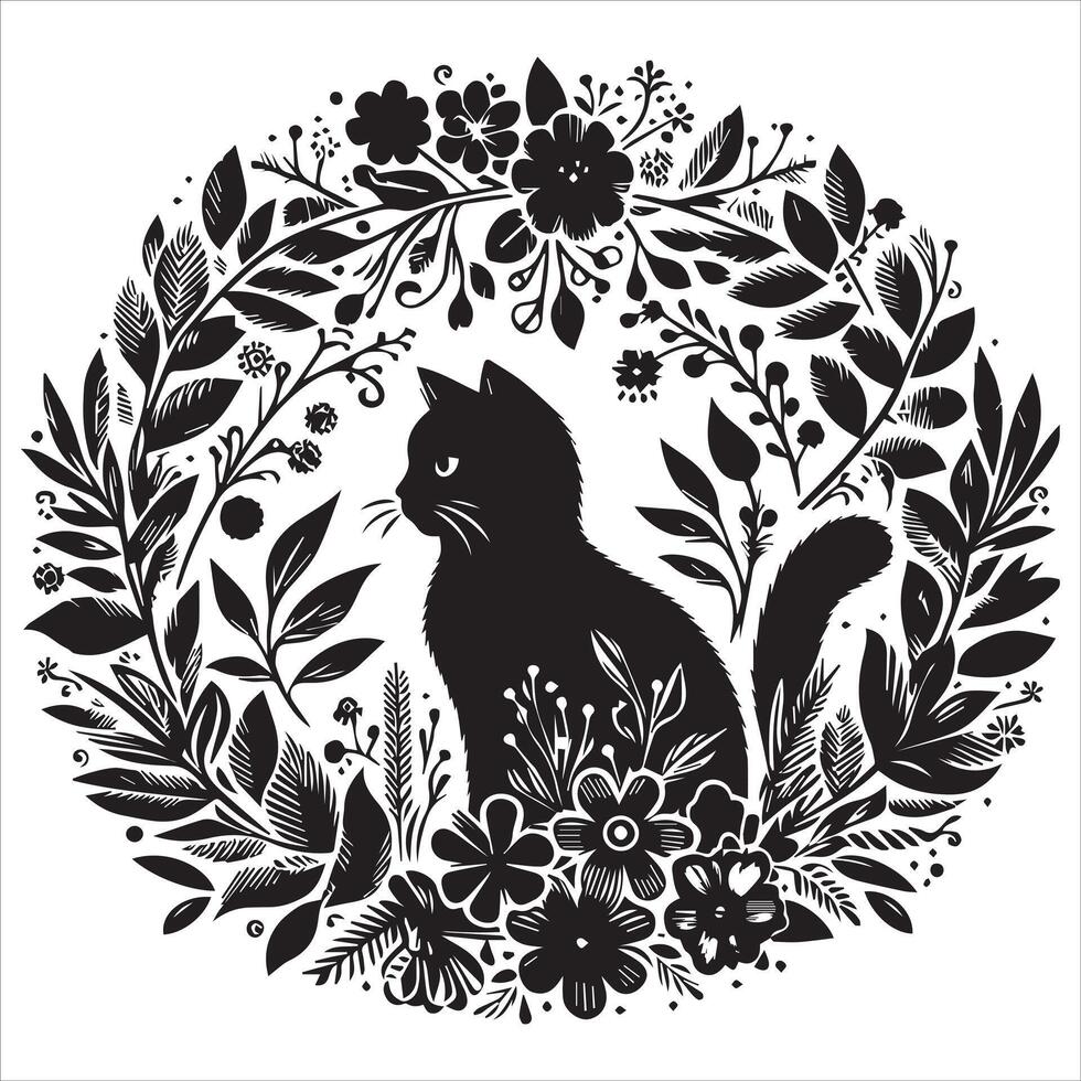 Print A collage of a cat a plant in an illustrated frame risograph silhouette white background vector
