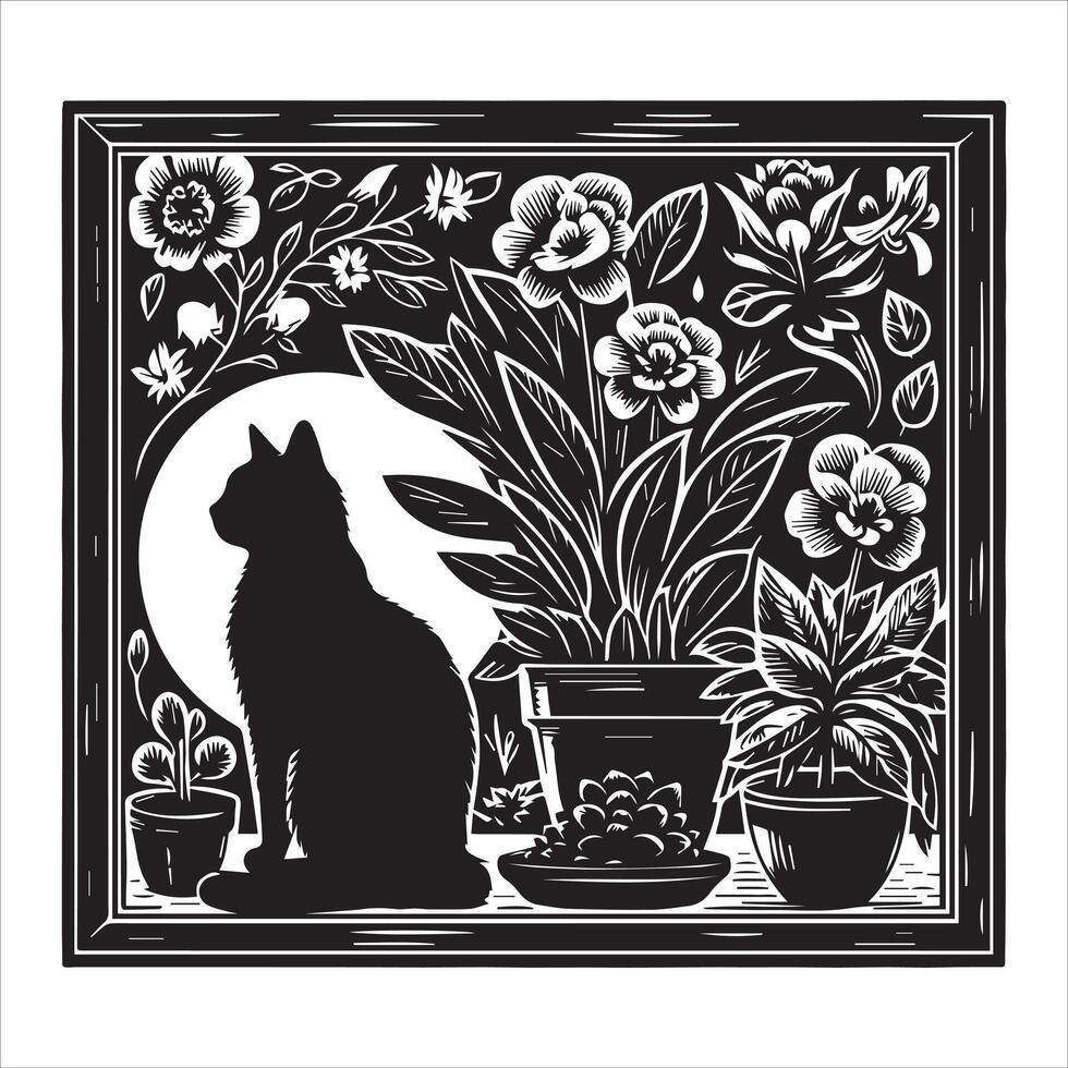 Print A collage of a cat a plant in an illustrated frame risograph silhouette white background vector