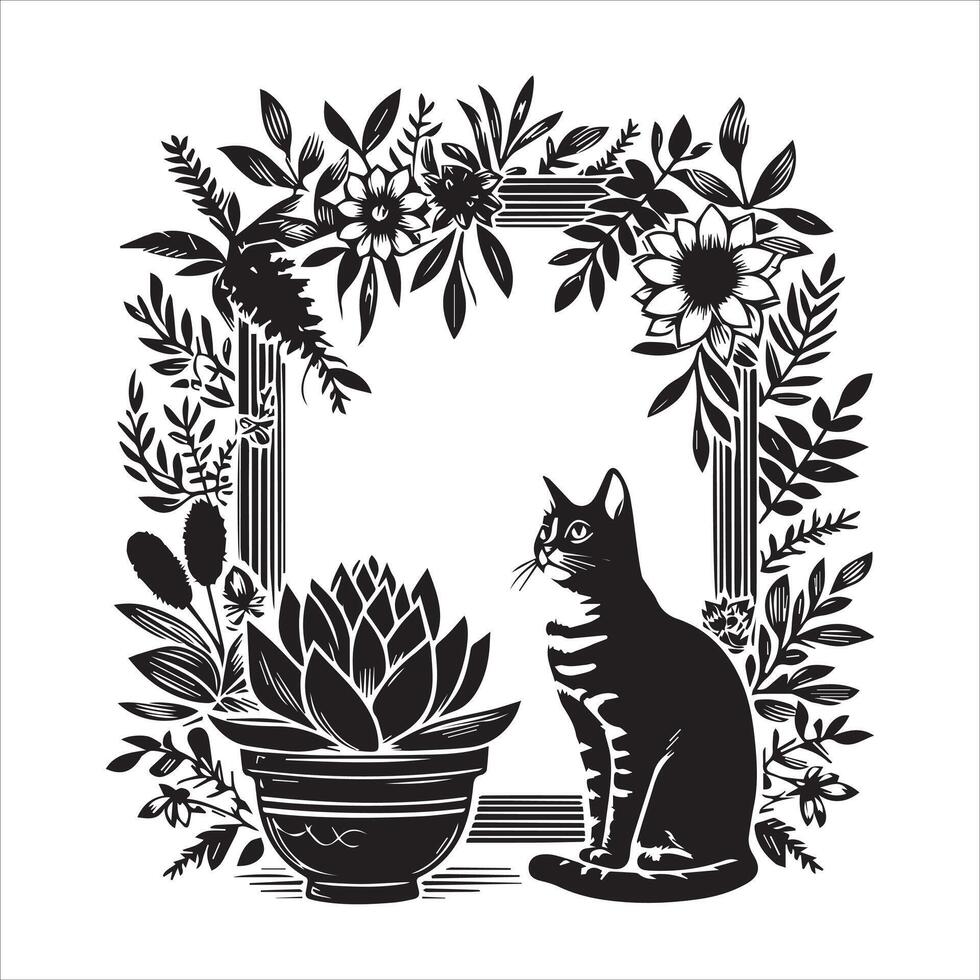 Print A collage of a cat a plant in an illustrated frame risograph silhouette white background vector
