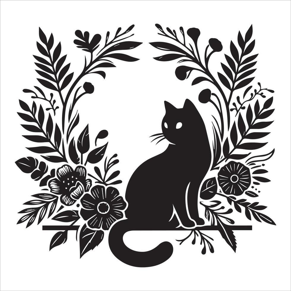 Print A collage of a cat a plant in an illustrated frame risograph silhouette white background vector