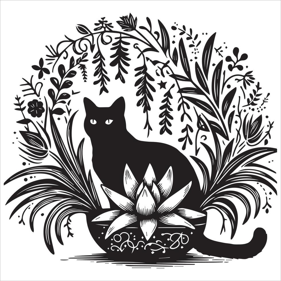 Print A collage of a cat a plant in an illustrated frame risograph silhouette white background vector