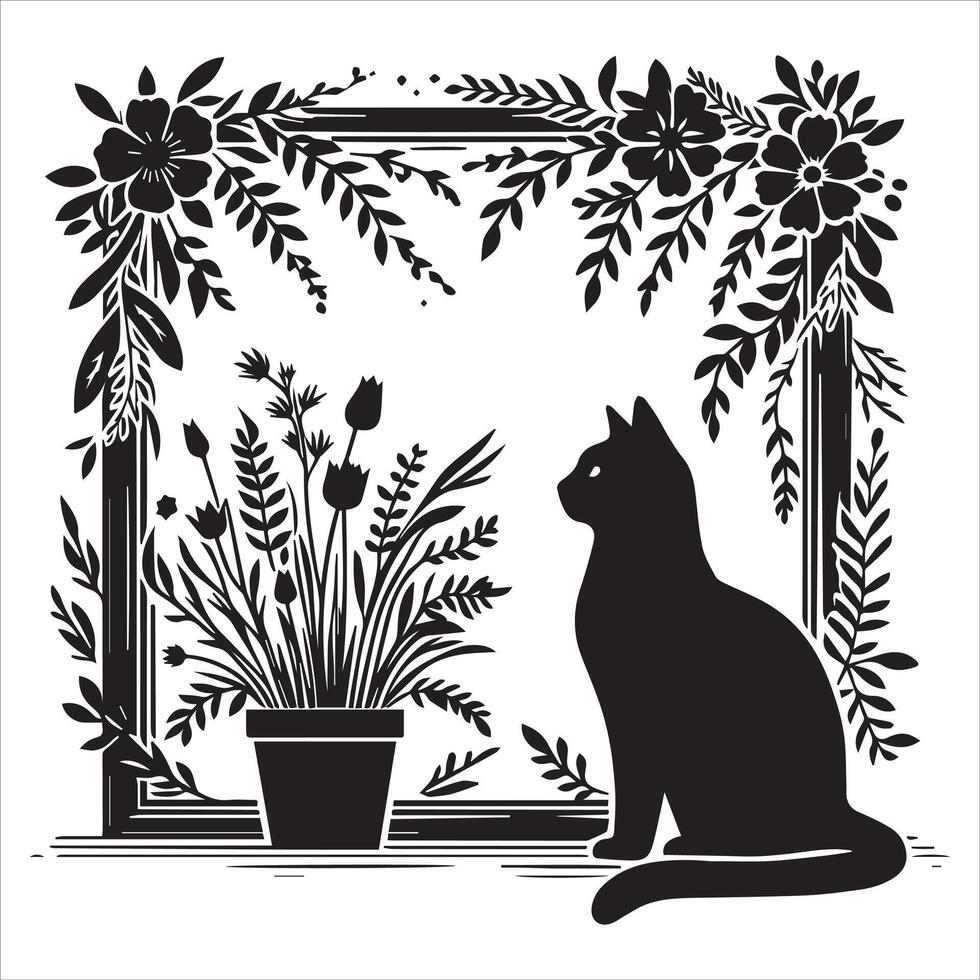 Print A collage of a cat a plant in an illustrated frame risograph silhouette white background vector