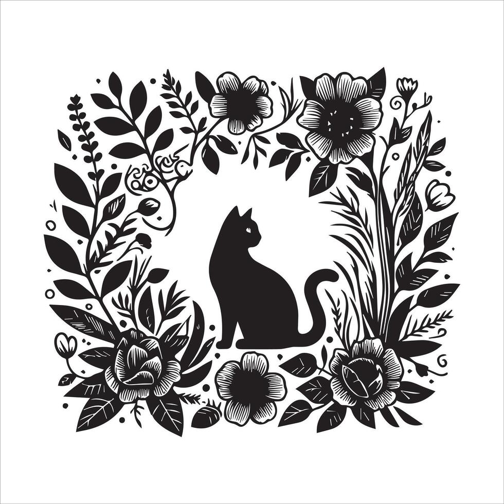 Print A collage of a cat a plant in an illustrated frame risograph silhouette white background vector