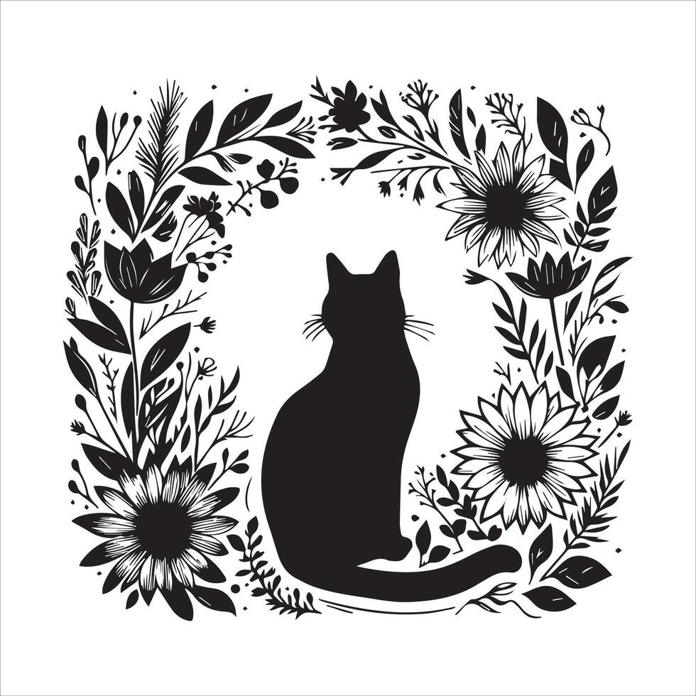 Print A collage of a cat a plant in an illustrated frame risograph silhouette white background vector