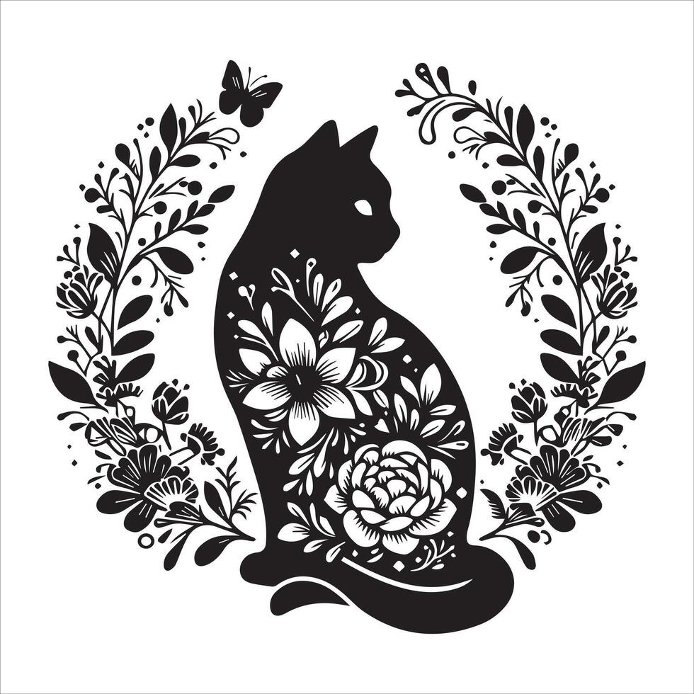 Print A collage of a cat a plant in an illustrated frame risograph silhouette white background vector