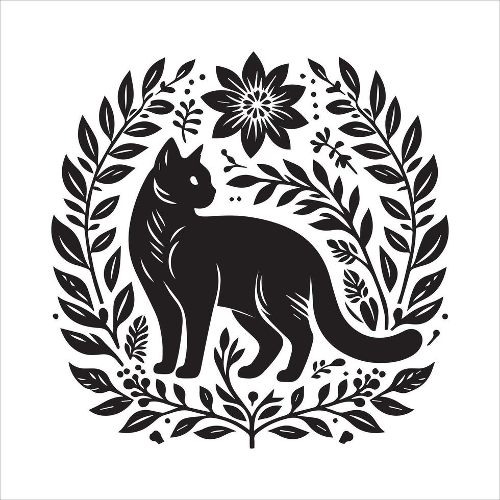 Print A collage of a cat a plant in an illustrated frame risograph silhouette white background vector