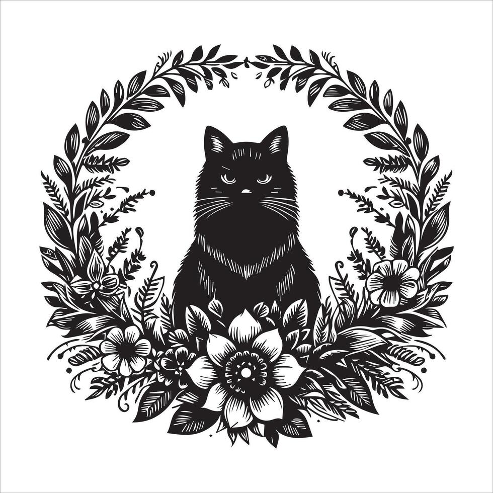 Print A collage of a cat a plant in an illustrated frame risograph silhouette white background vector