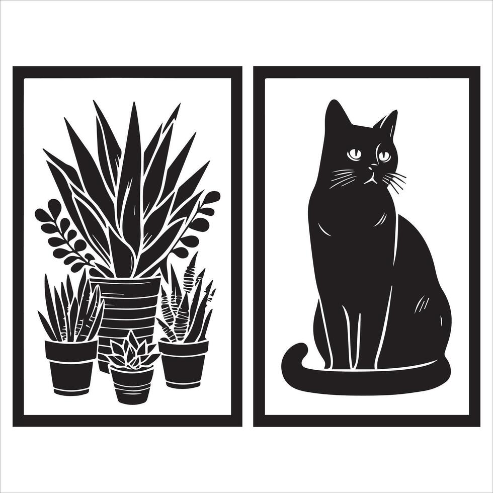 Print A collage of a cat a plant in an illustrated frame risograph silhouette white background vector