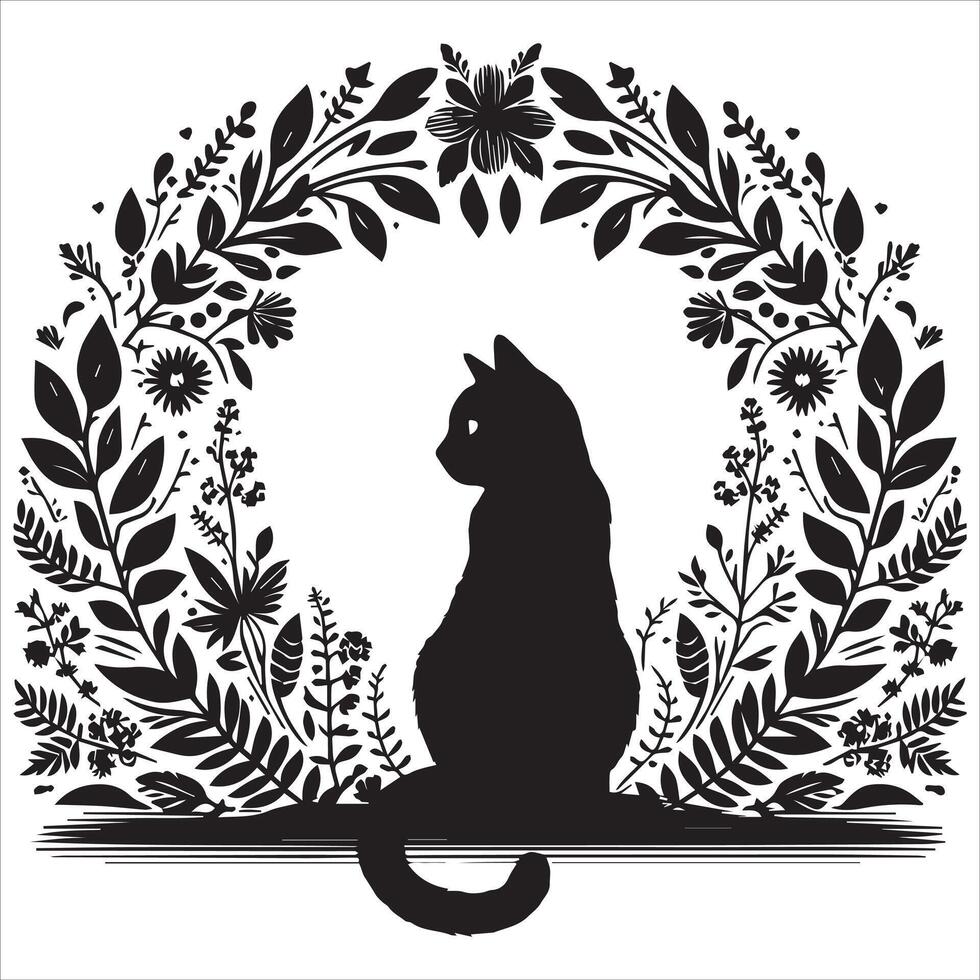 Print A collage of a cat a plant in an illustrated frame risograph silhouette white background vector