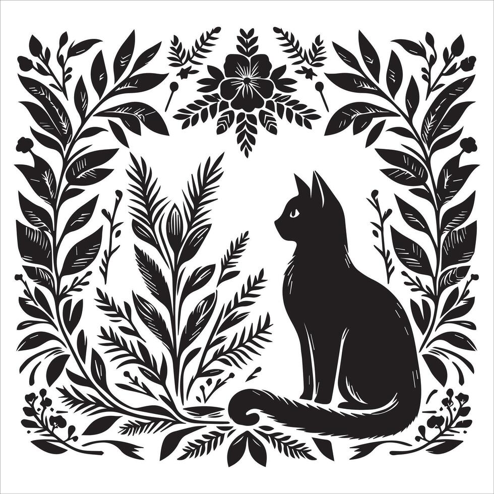 Print A collage of a cat a plant in an illustrated frame risograph silhouette white background vector