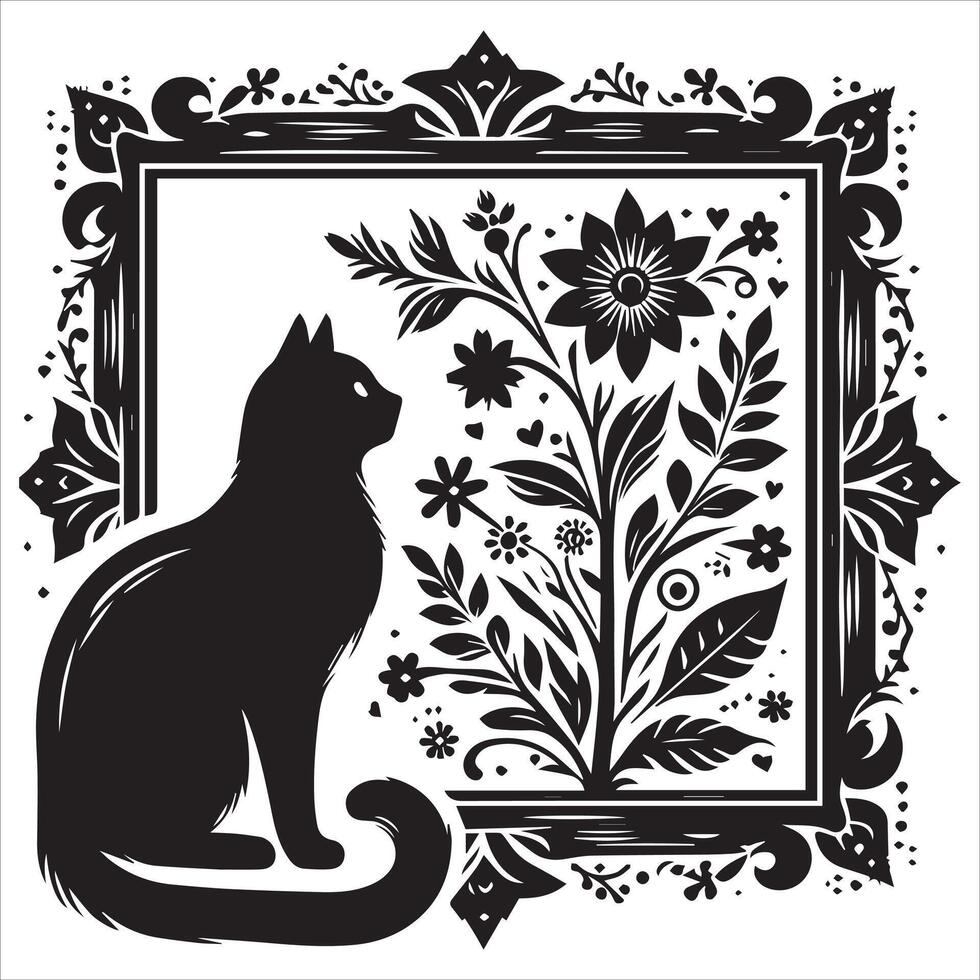 Print A collage of a cat a plant in an illustrated frame risograph silhouette white background vector