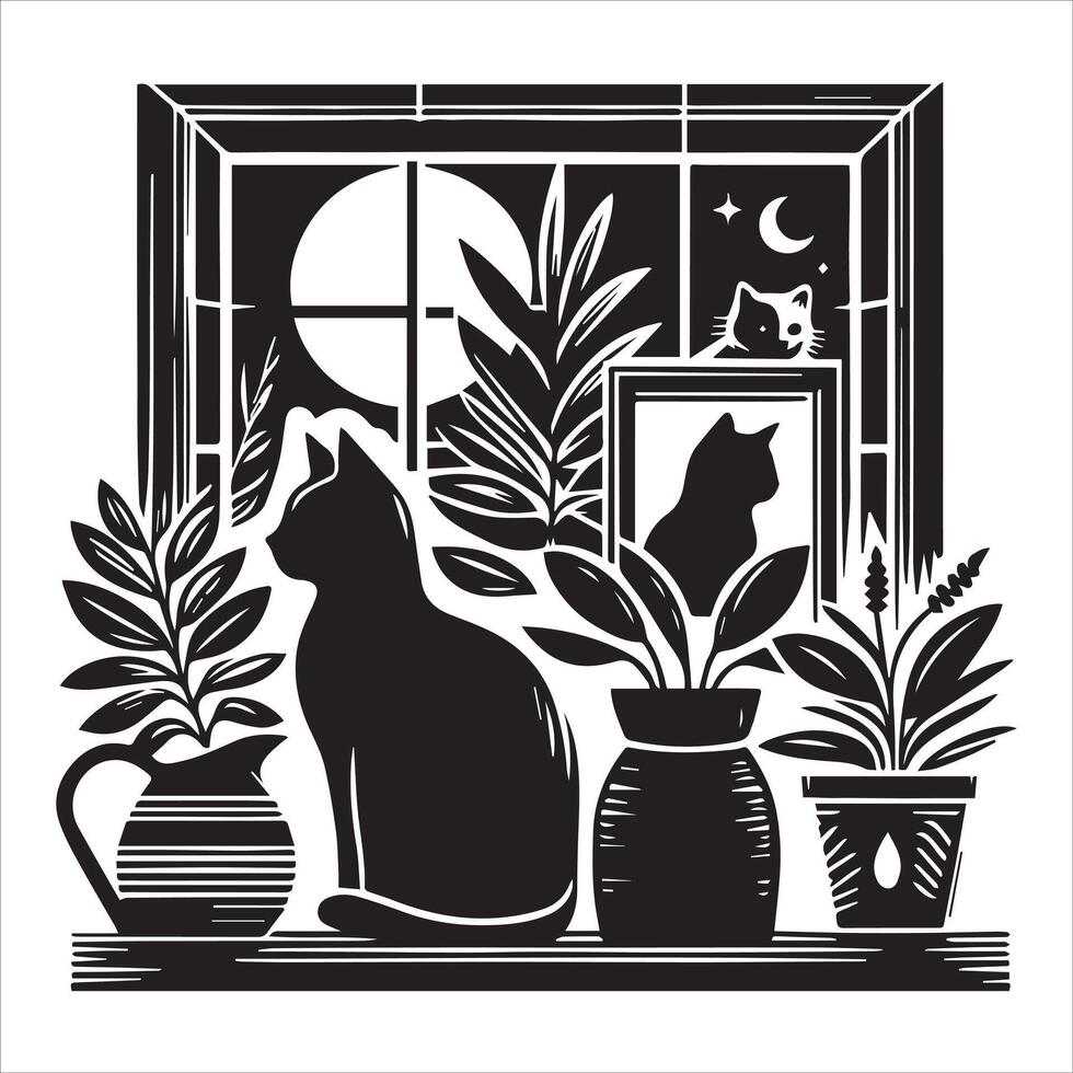 Print A collage of a cat a plant in an illustrated frame risograph silhouette white background vector