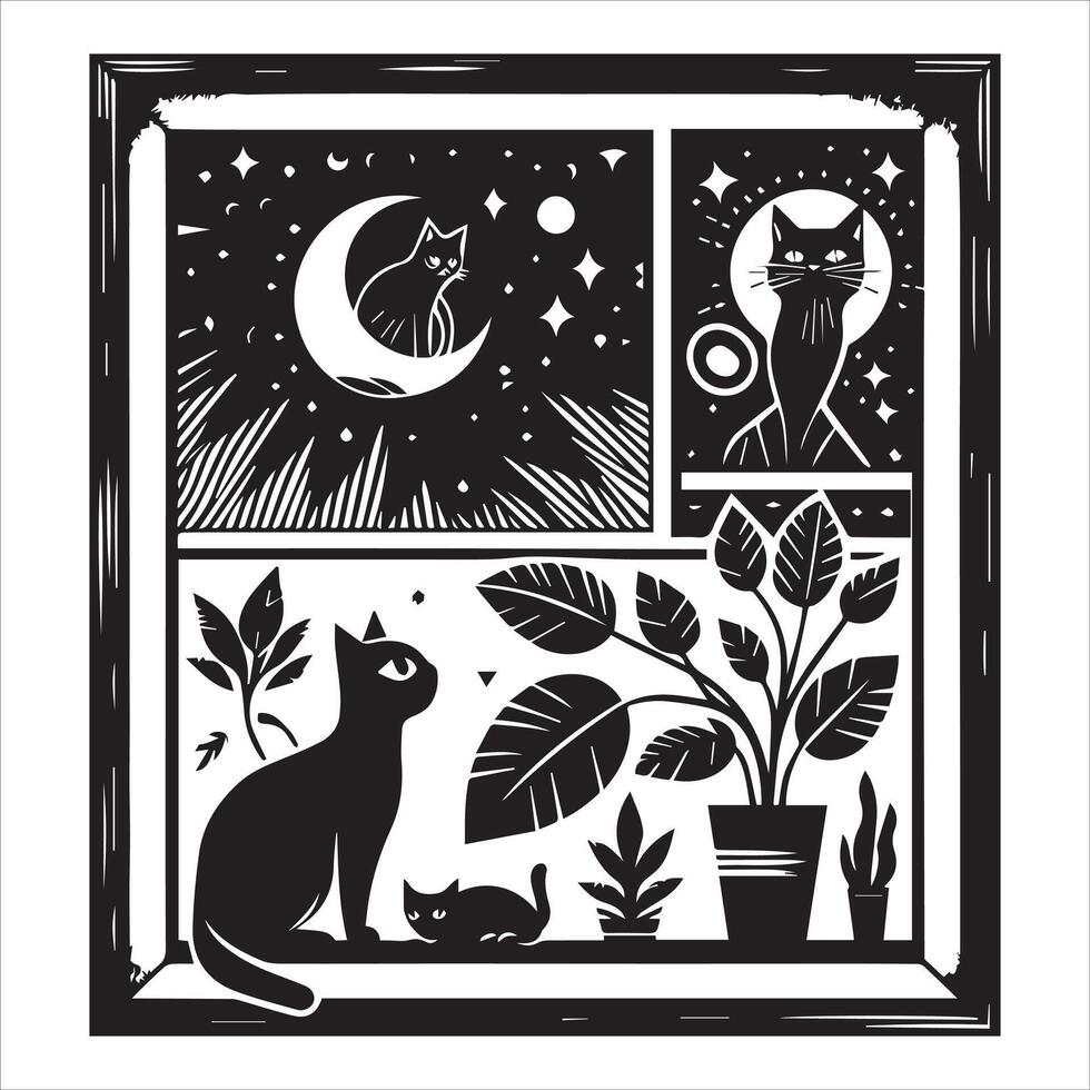 Print A collage of a cat a plant in an illustrated frame risograph silhouette white background vector