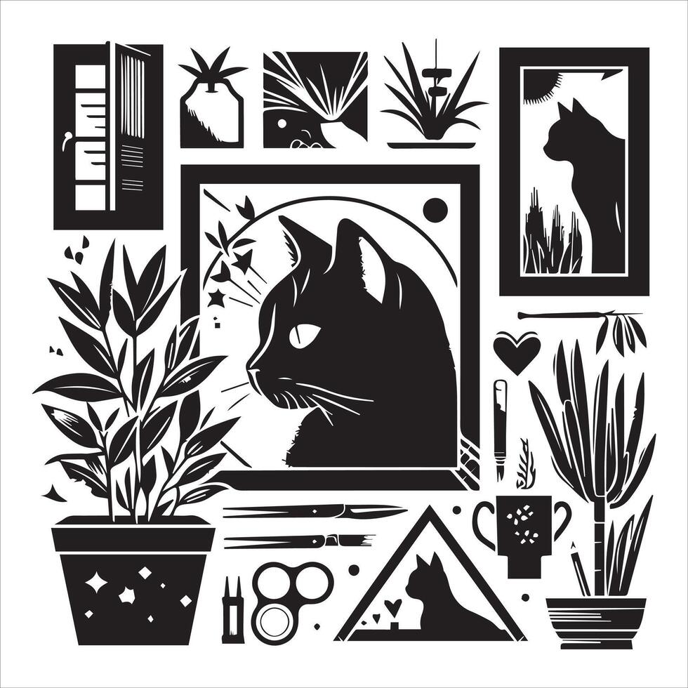 PrintA collage of a cat a plant in an illustrated frame risograph silhouette white background vector