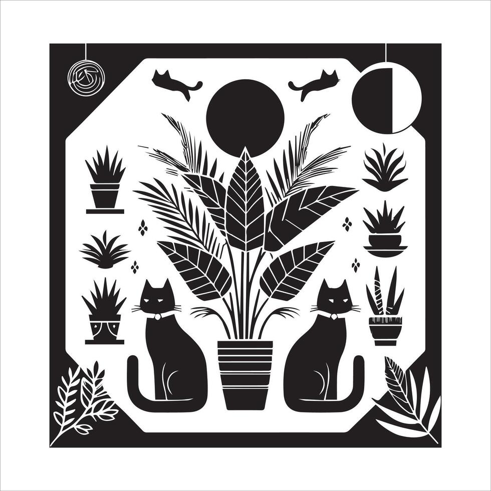 PrintA collage of a cat a plant in an illustrated frame risograph silhouette white background vector