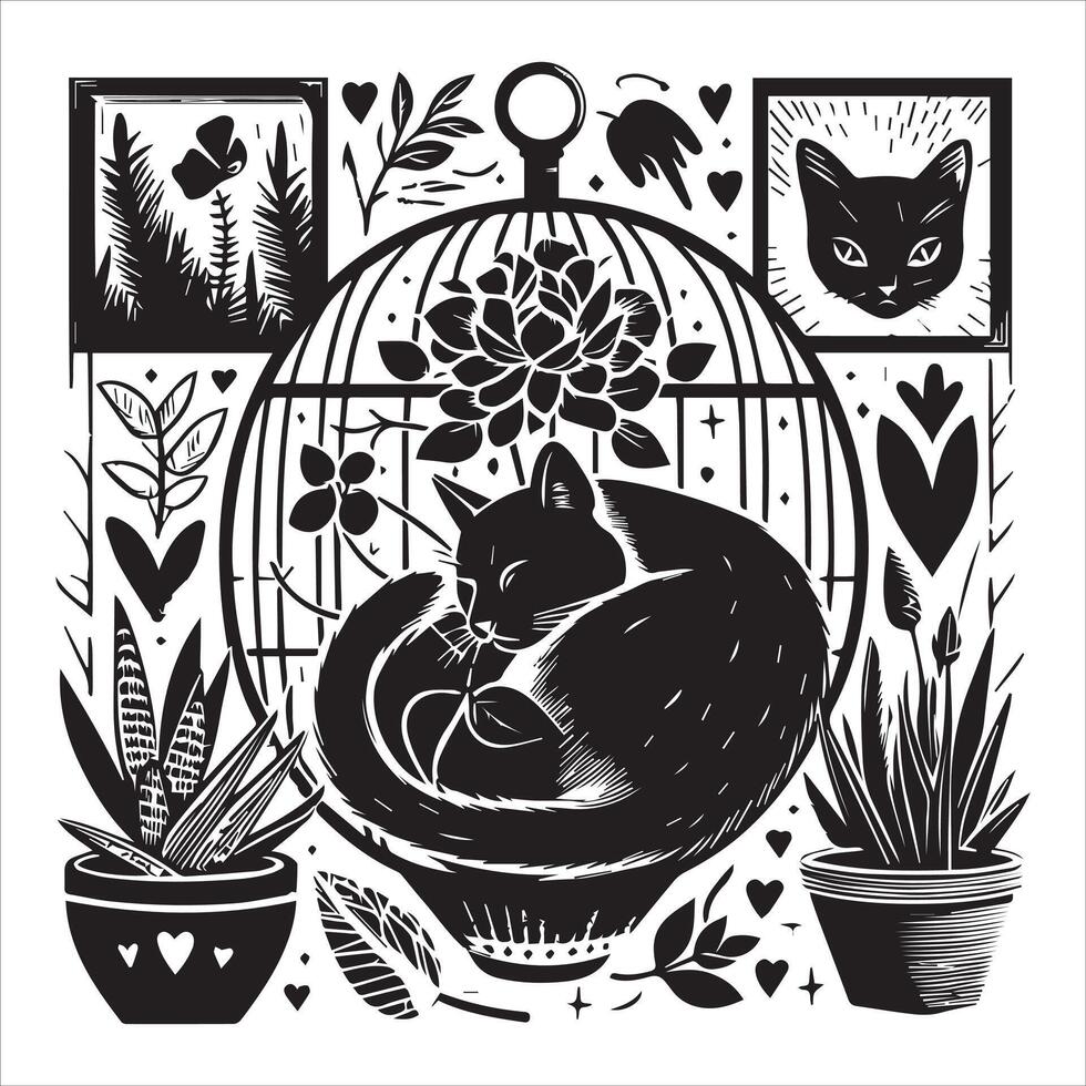 PrintA collage of a cat a plant in an illustrated frame risograph silhouette white background vector
