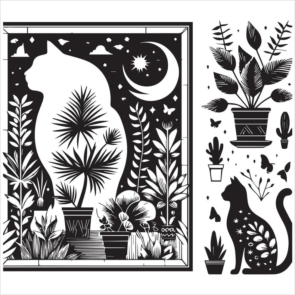 PrintA collage of a cat a plant in an illustrated frame risograph silhouette white background vector