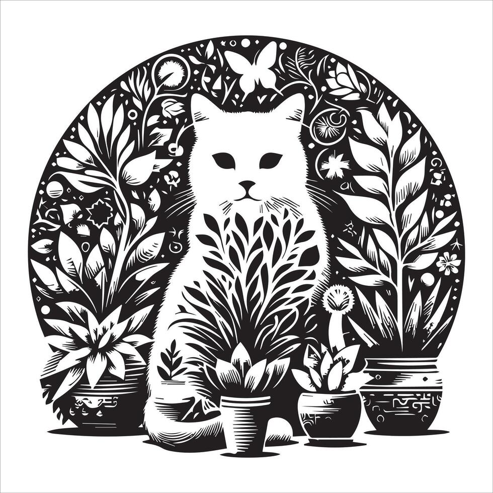 PrintA collage of a cat a plant in an illustrated frame risograph silhouette white background vector