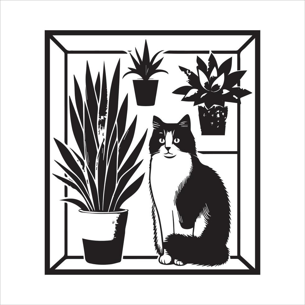 PrintA collage of a cat a plant in an illustrated frame risograph silhouette white background vector