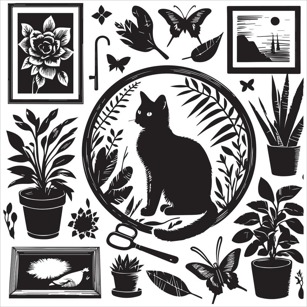 PrintA collage of a cat a plant in an illustrated frame risograph silhouette white background vector