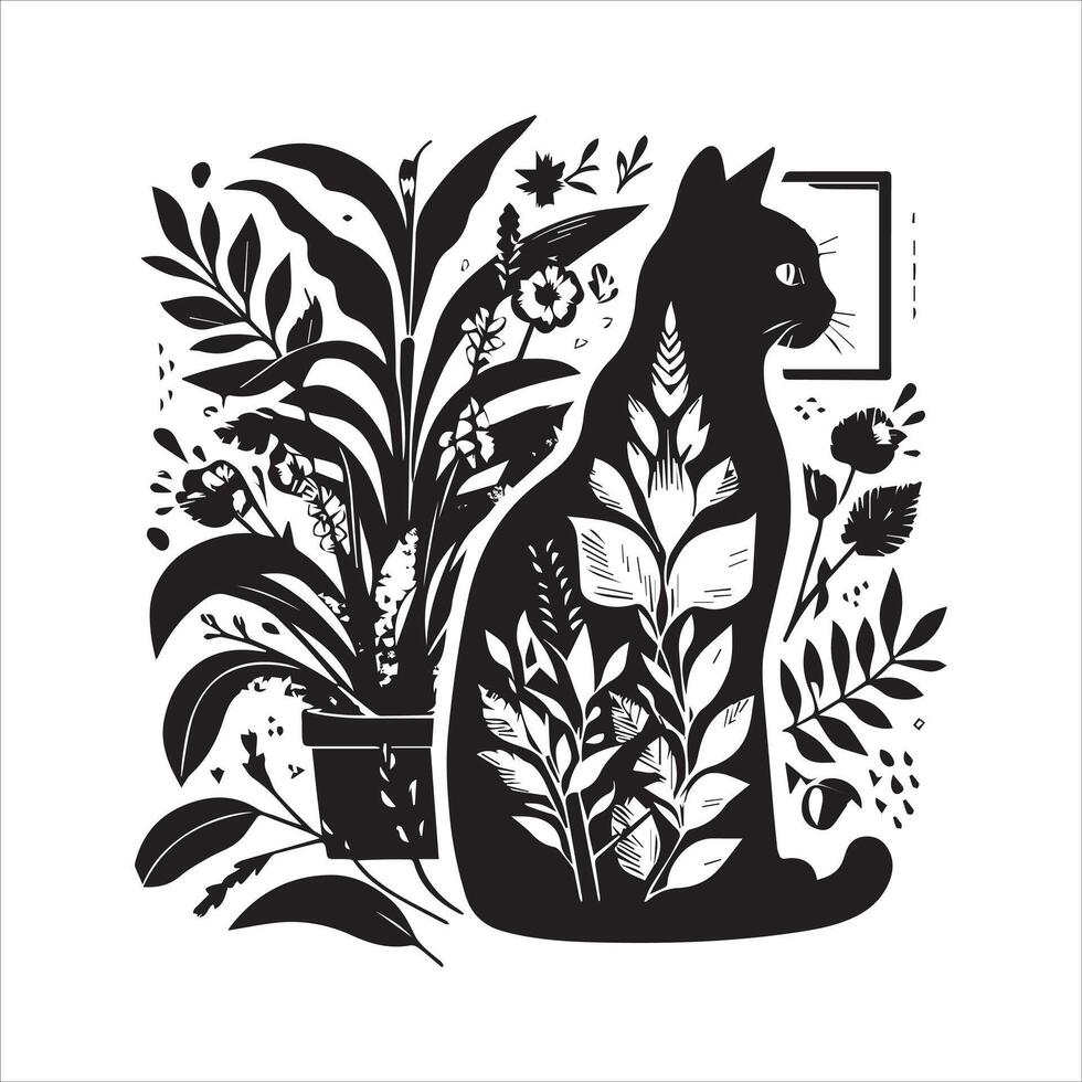 PrintA collage of a cat a plant in an illustrated frame risograph silhouette white background vector