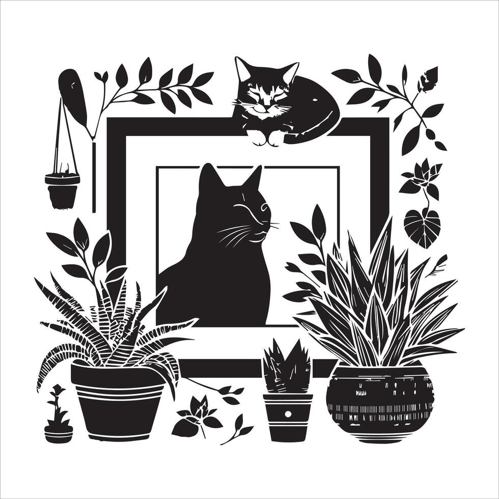 PrintA collage of a cat a plant in an illustrated frame risograph silhouette white background vector