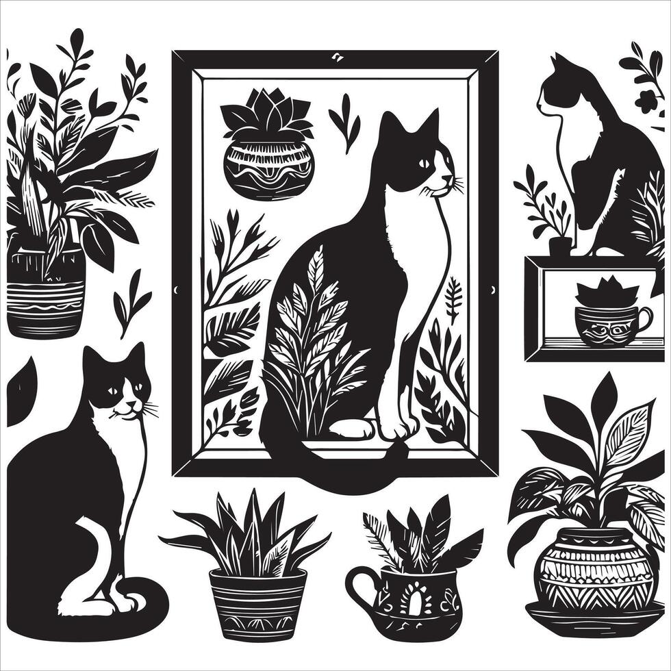 PrintA collage of a cat a plant in an illustrated frame risograph silhouette white background vector
