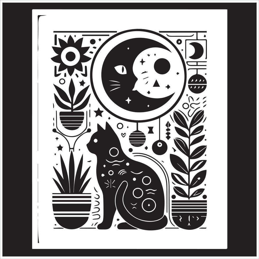 PrintA collage of a cat a plant in an illustrated frame risograph silhouette white background vector
