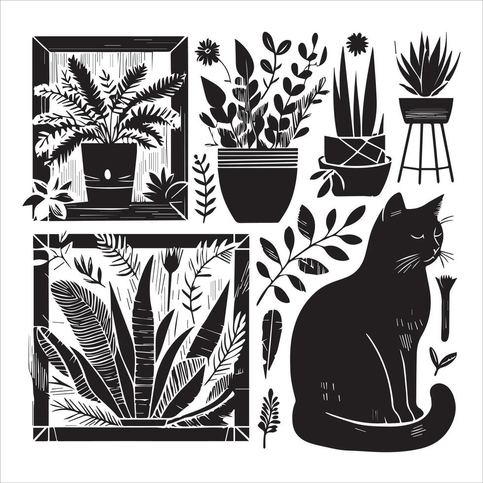 PrintA collage of a cat a plant in an illustrated frame risograph silhouette white background vector