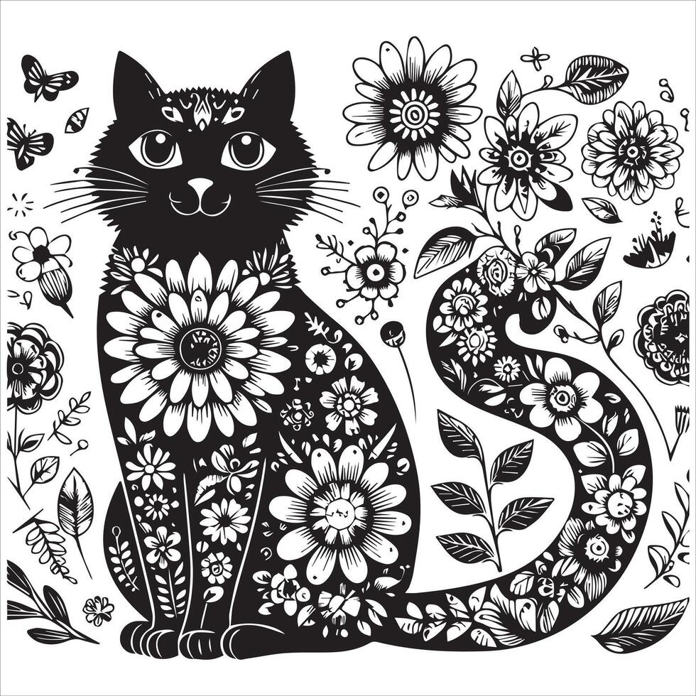 PrintA collage of a cat a plant in an illustrated frame risograph silhouette white background vector