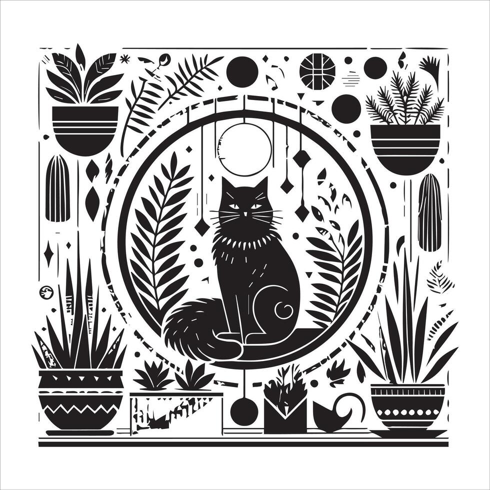 PrintA collage of a cat a plant in an illustrated frame risograph silhouette white background vector