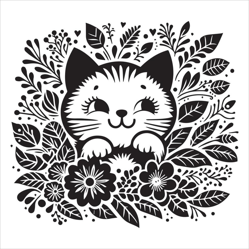 PrintA collage of a cat a plant in an illustrated frame risograph silhouette white background vector