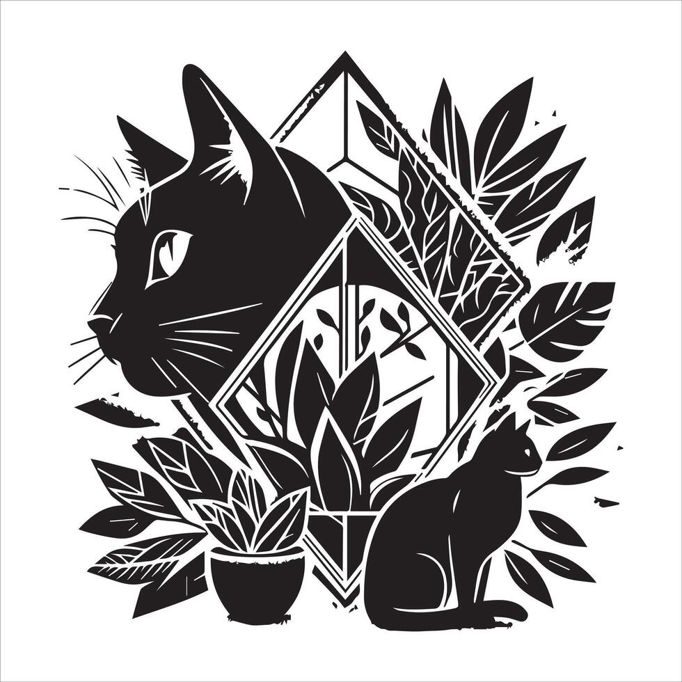 PrintA collage of a cat a plant in an illustrated frame risograph silhouette white background vector