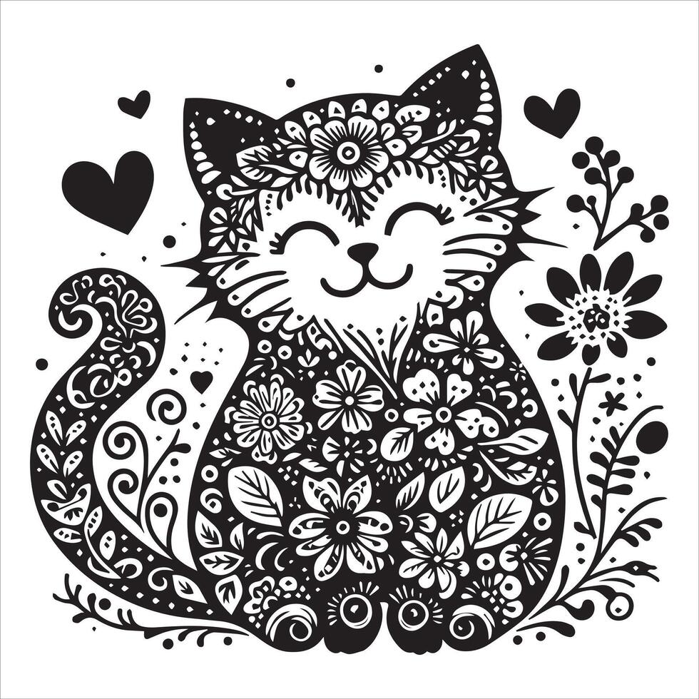 PrintA collage of a cat a plant in an illustrated frame risograph silhouette white background vector