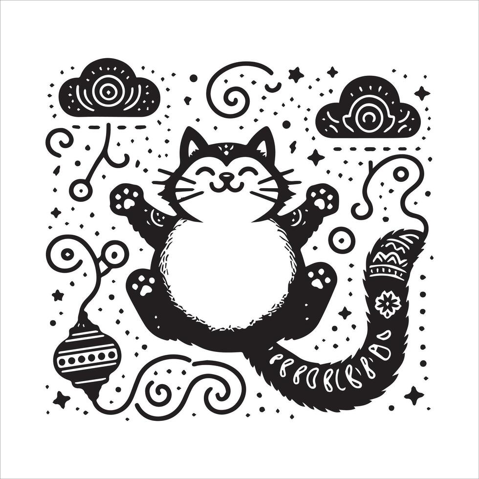 PrintA collage of a cat a plant in an illustrated frame risograph silhouette white background vector