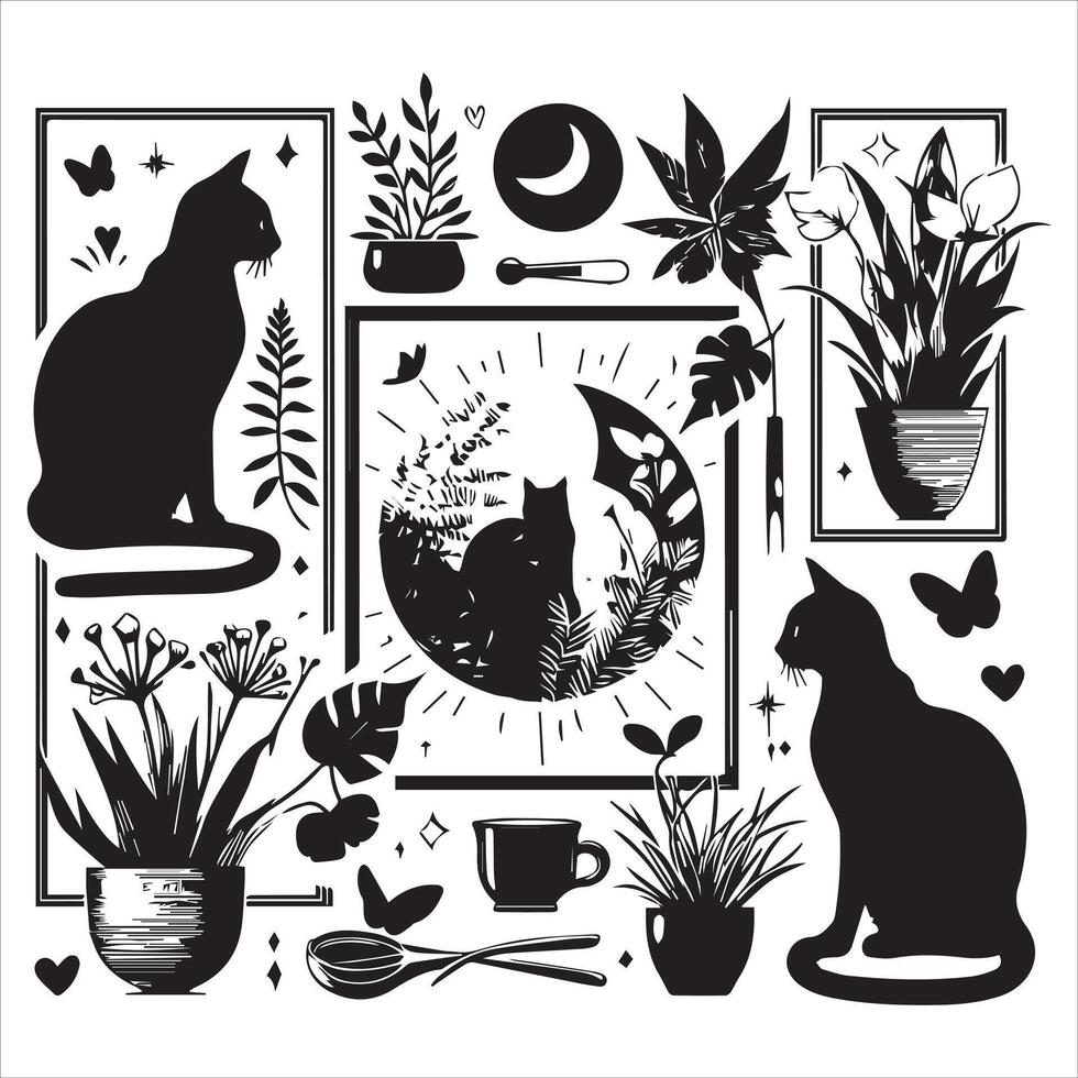 PrintA collage of a cat a plant in an illustrated frame risograph silhouette white background vector