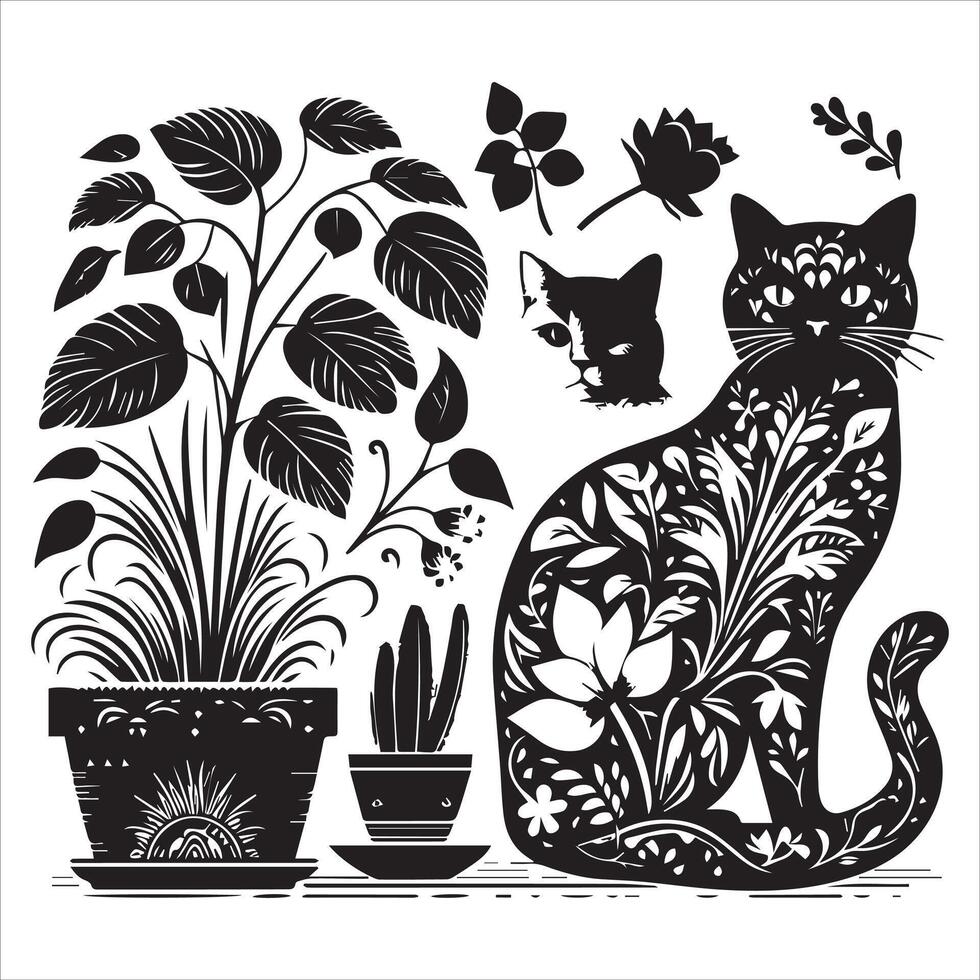 PrintA collage of a cat a plant in an illustrated frame risograph silhouette white background vector