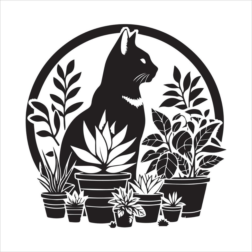 PrintA collage of a cat a plant in an illustrated frame risograph silhouette white background vector