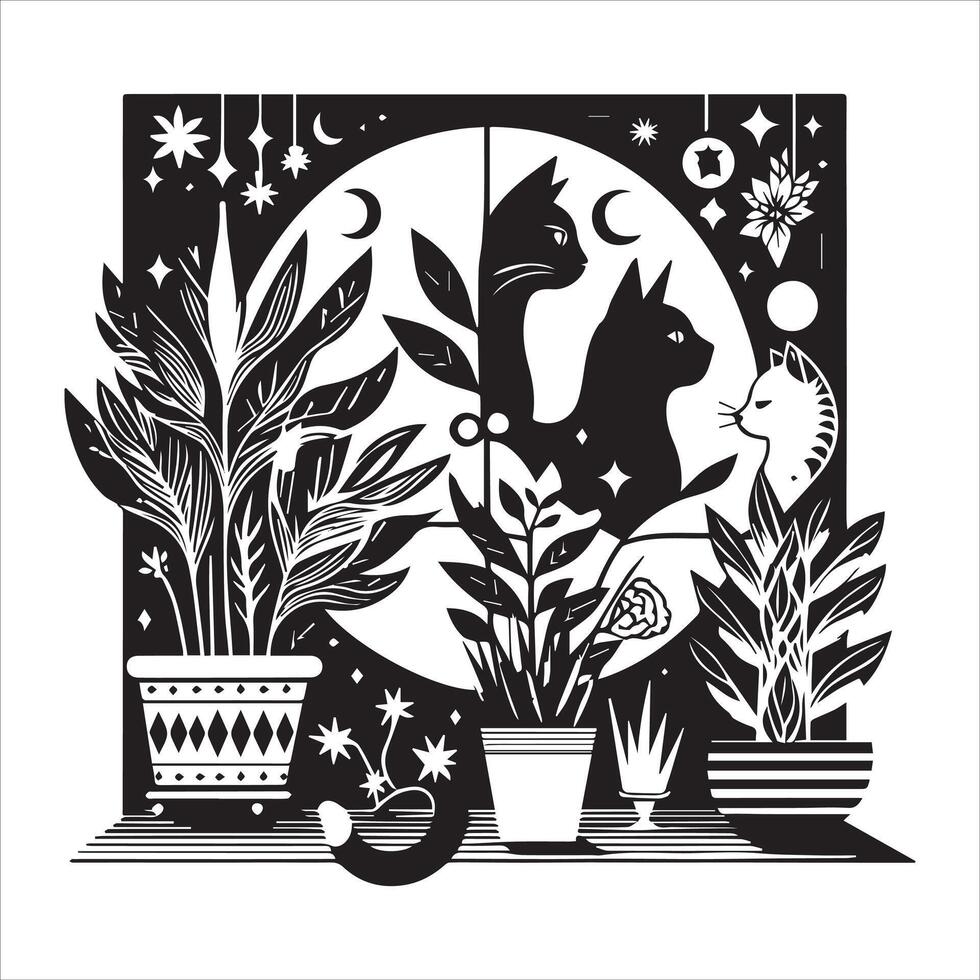PrintA collage of a cat a plant in an illustrated frame risograph silhouette white background vector