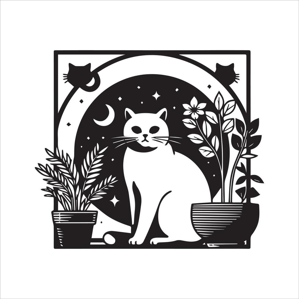 PrintA collage of a cat a plant in an illustrated frame risograph silhouette white background vector